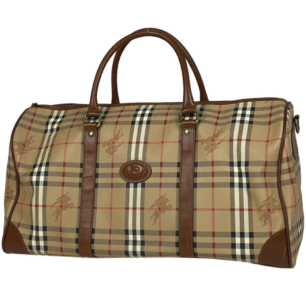 Burberry Check Boston Bag Shoulder Travel Canvas Brown